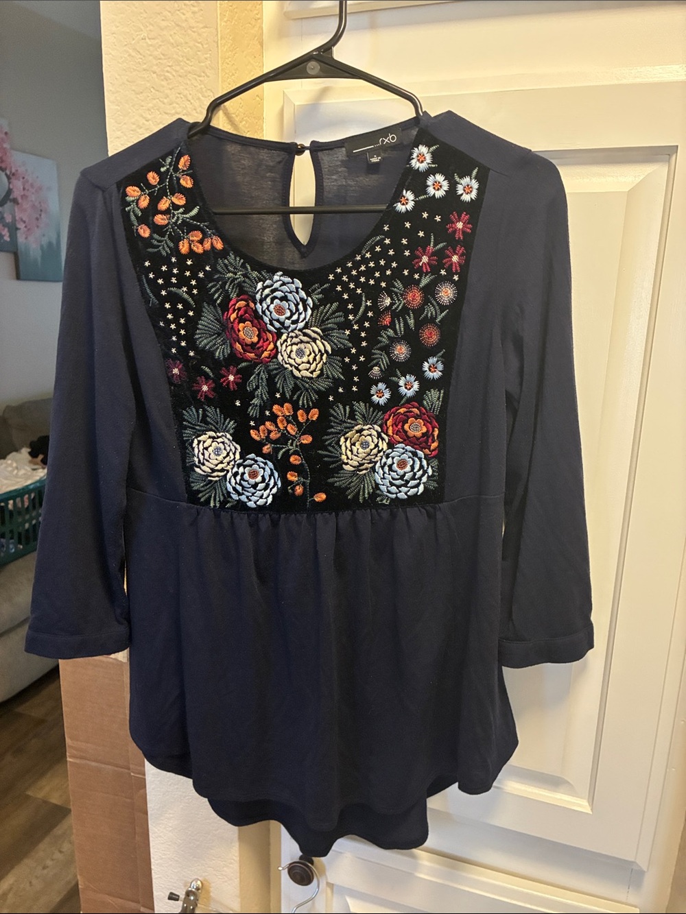 RXB Navy Embroidered Floral Boho Top